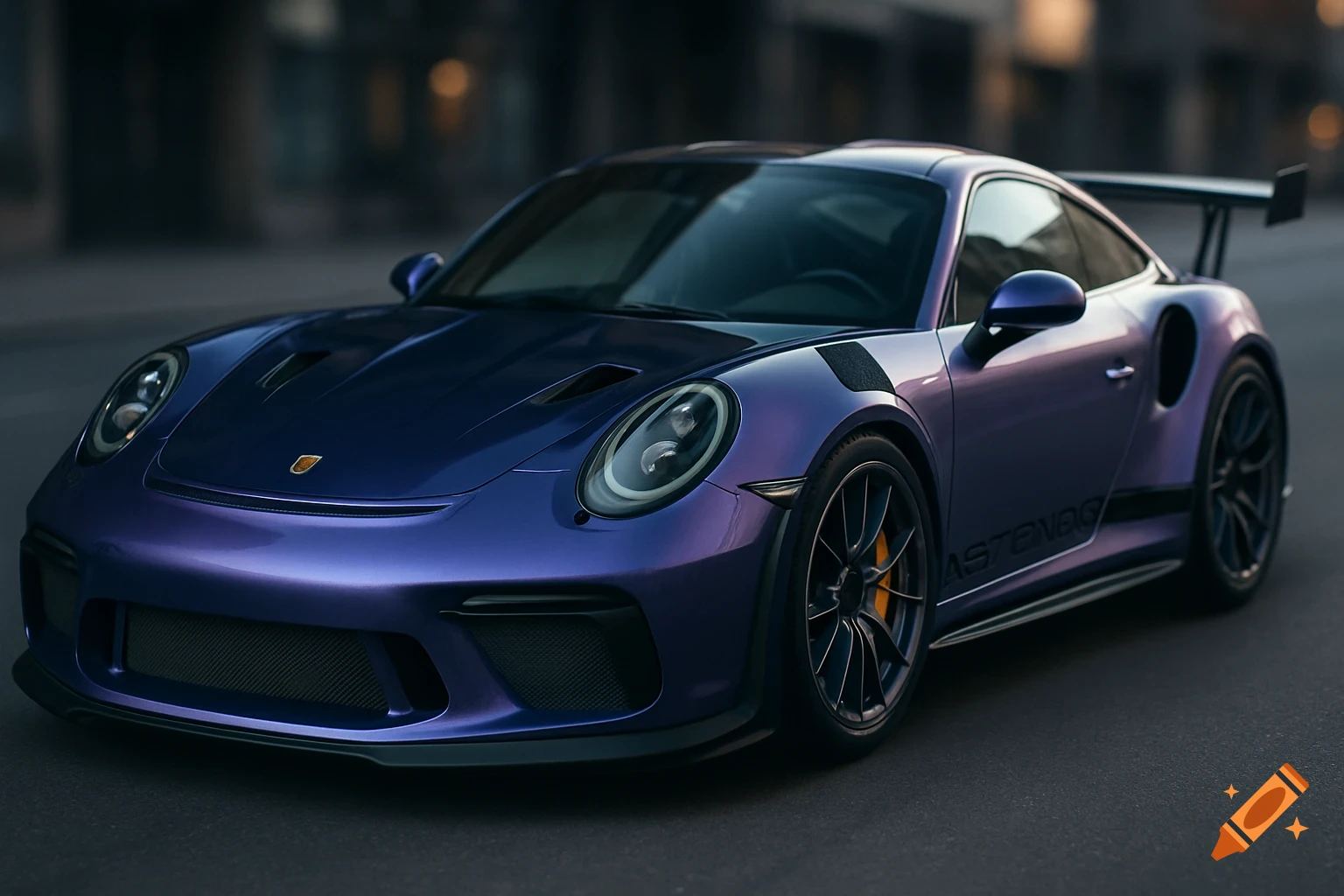 A dark purple Porsche GT3RS sports car with a large rear wing is parked on an asphalt road at dusk, viewed from a three-quarter angle.