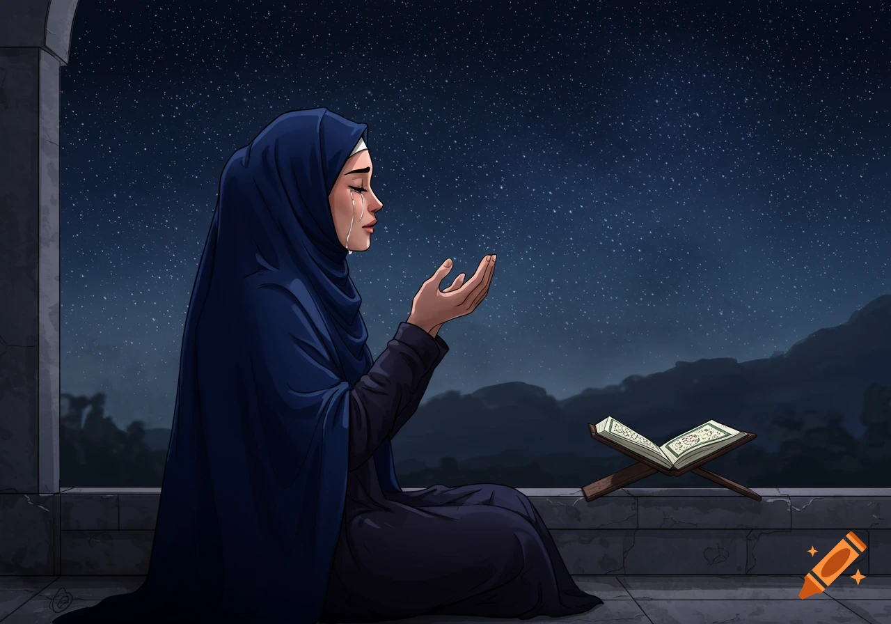 A crying Muslim woman in a blue hijab kneels praying beside a Qur'an under a starry night sky.