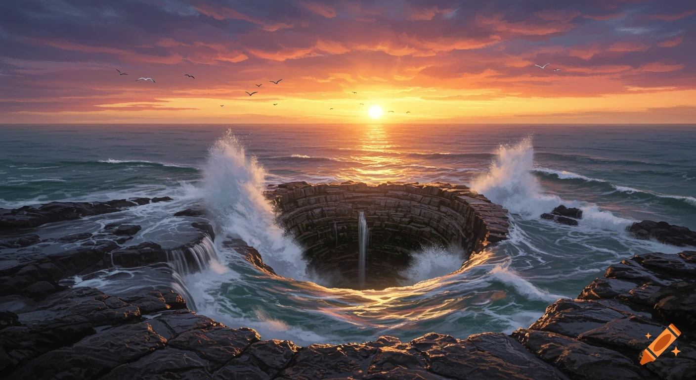 A fantastical well in a rocky ocean with waves crashing at sunset, under a vibrant orange and purple sky.