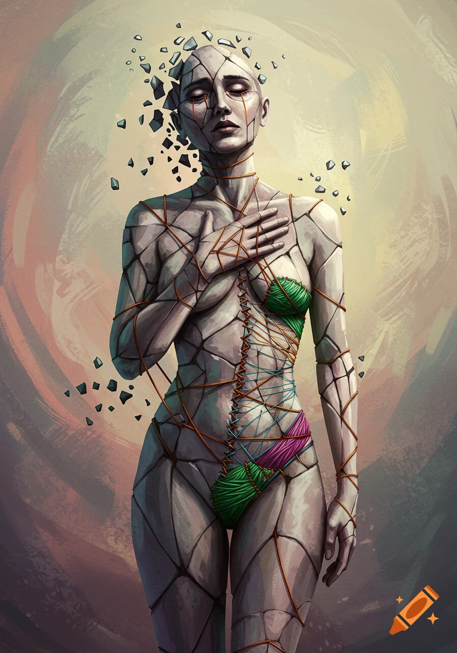 Artistic portrayal of a woman with cracking skin, her head breaking apart, and colorful yarn stitched over her body.