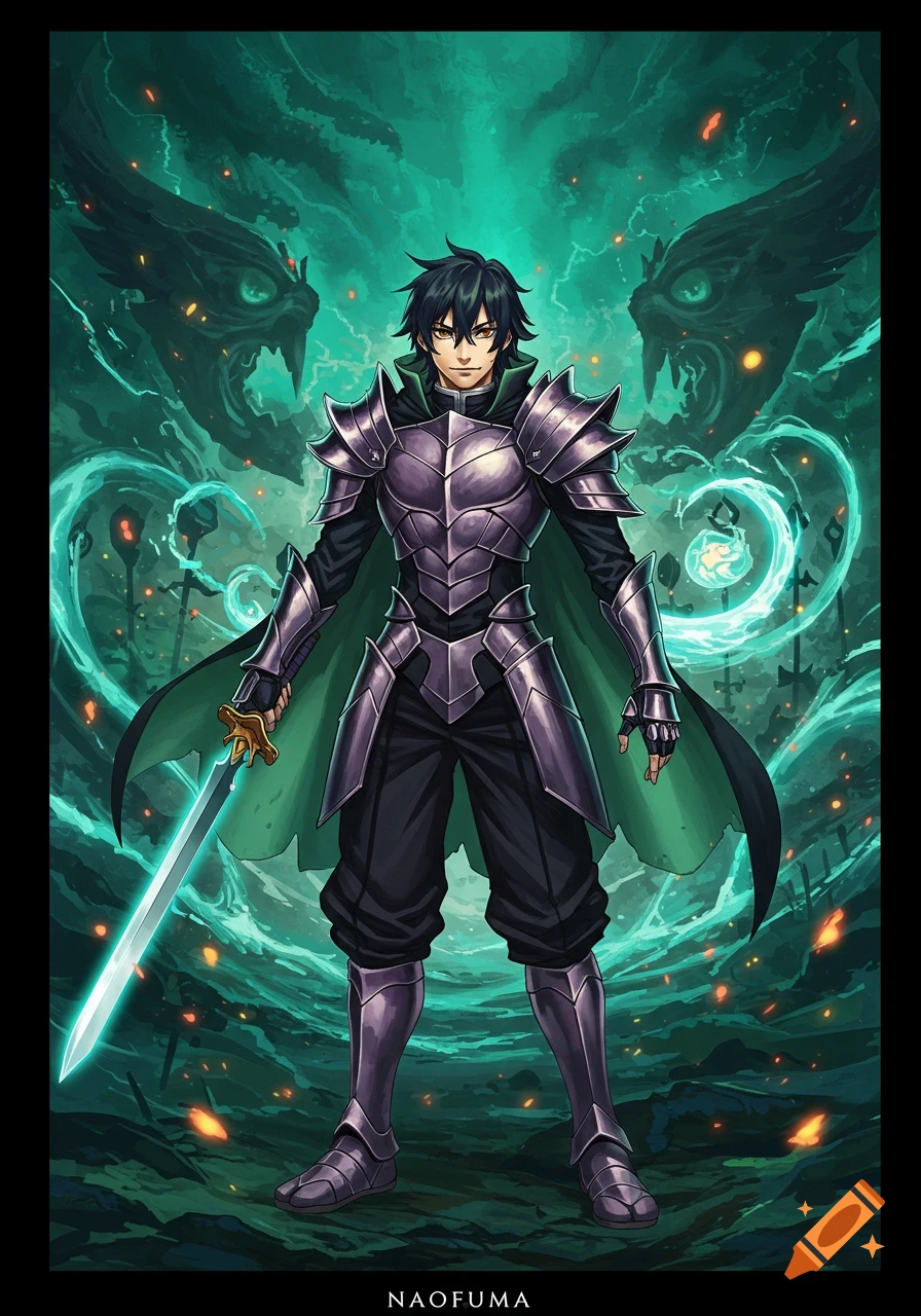An anime-style male warrior in purple and black armor with a green cape, holding a glowing sword against a dark green, misty background with shadowy monster faces.