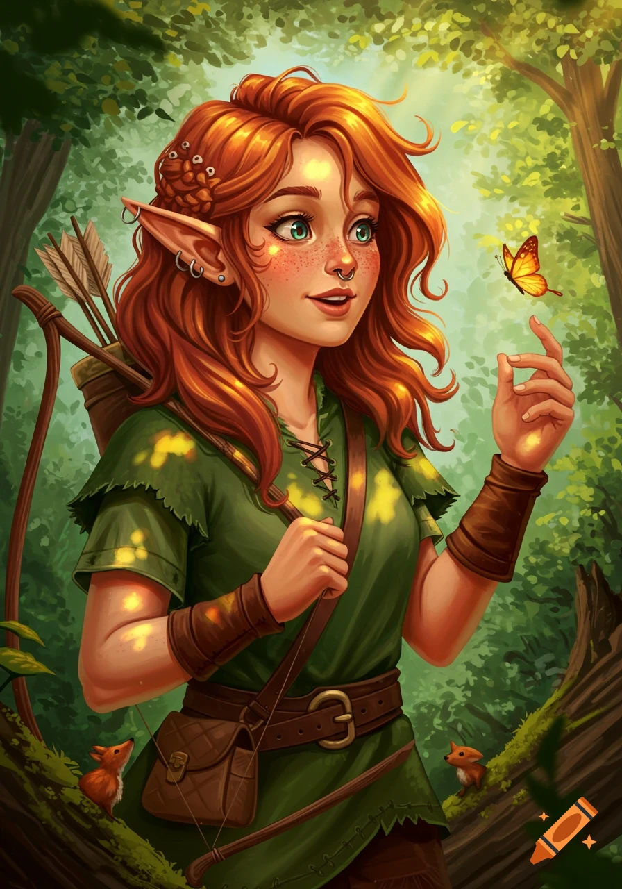 An auburn-haired elf ranger in a sunny forest, wearing green and carrying a bow, looks at a butterfly. Illustrated art.