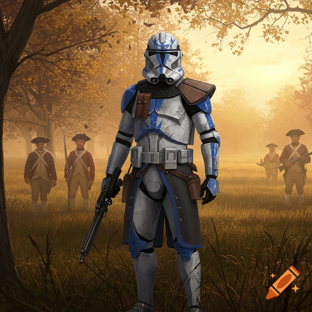 A Star Wars clone trooper stands in a field among American Revolutionary War soldiers at sunset.