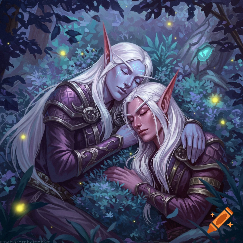 Two elves with white hair and long ears sleep peacefully amongst green and purple foliage, illuminated by fireflies.