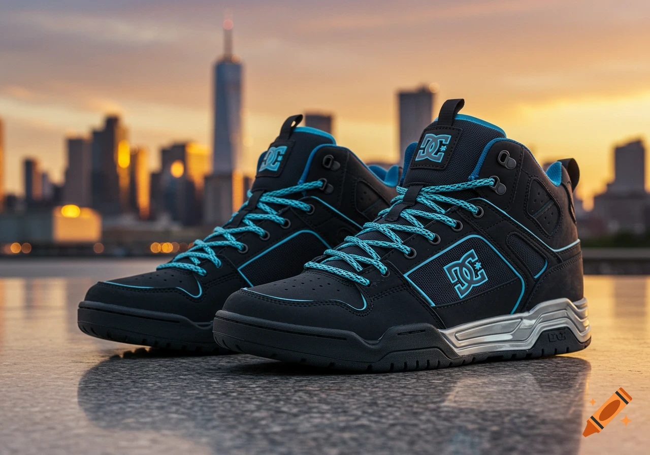 A pair of black and blue DC high-top shoes on a reflective surface with a blurry city skyline at sunset.