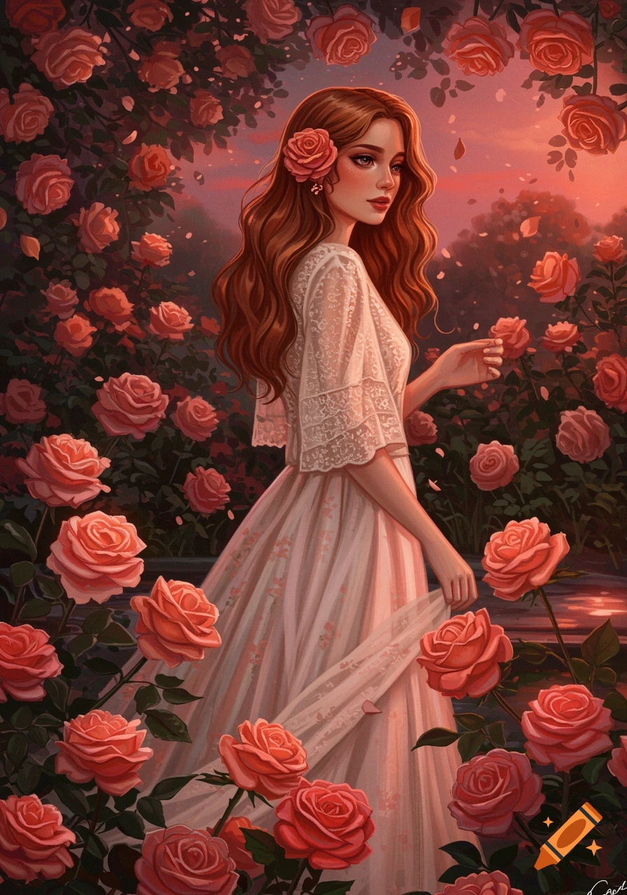 A beautiful young woman with long auburn hair and a rose in her hair, wearing a white, flowy, romantic dress, stands in a lush garden surrounded by pink roses at sunset.
