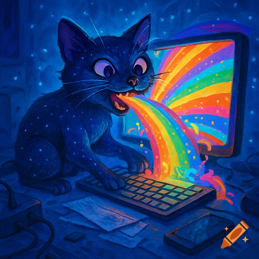 A wide-eyed blue cat with glowing spots sits at a computer, vomiting a vibrant rainbow onto the keyboard in a dark, stylized scene.