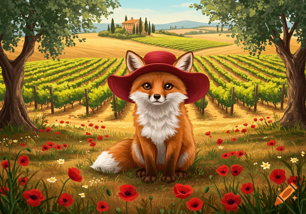 A cute fox wearing a red hat sitting in a field of red poppies with a vineyard and a house in the background, in an illustrated style.