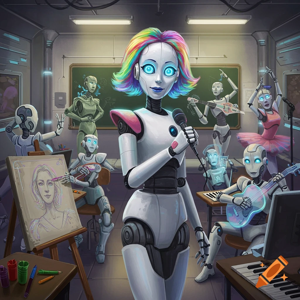 A classroom scene with various robots engaged in artistic activities. A central robot with rainbow hair holds a microphone, while others draw, play instruments, and dance.