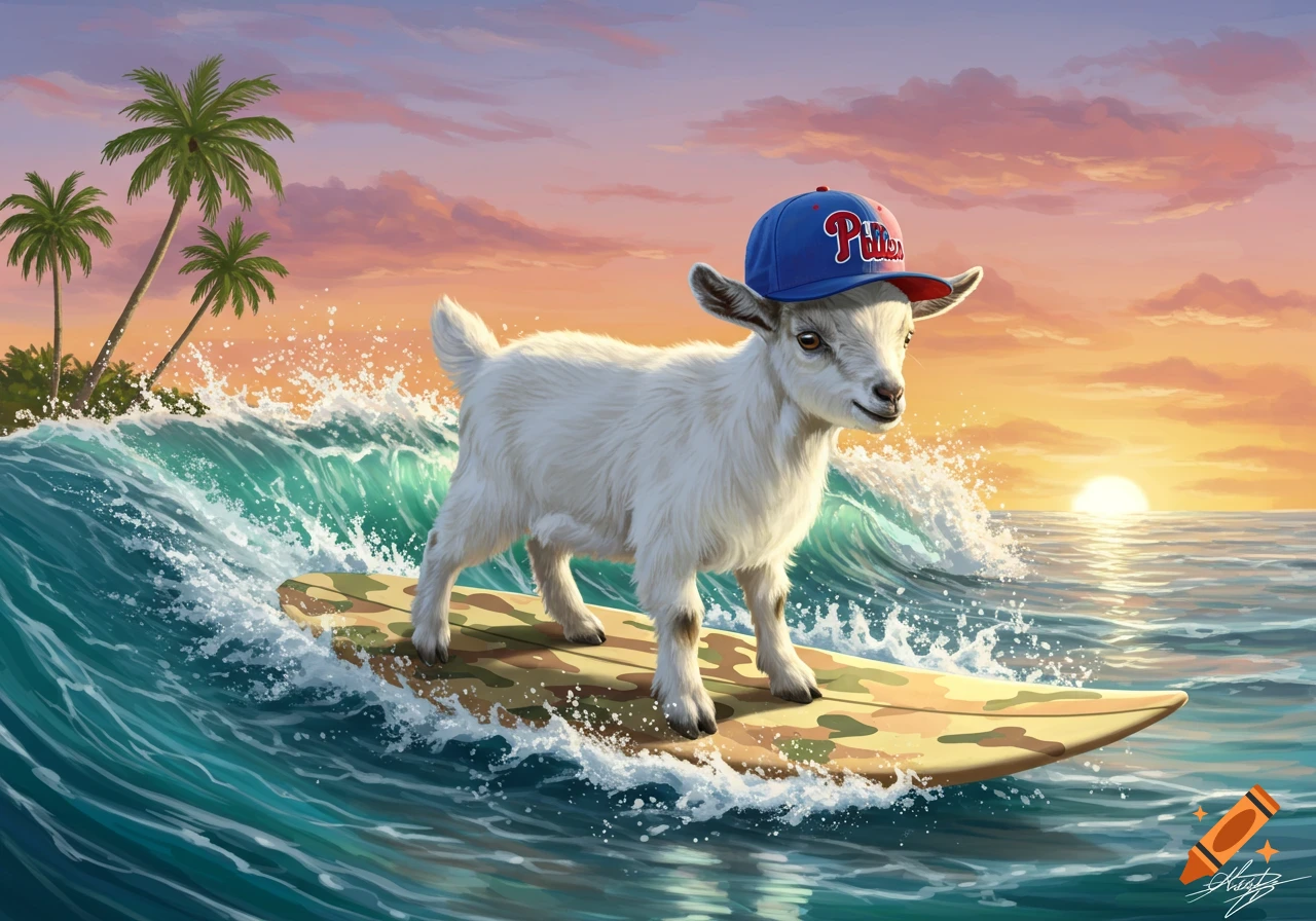 A cute baby goat wearing a red and blue Phillies baseball cap surfs on a camouflage longboard at sunset in a tropical ocean.