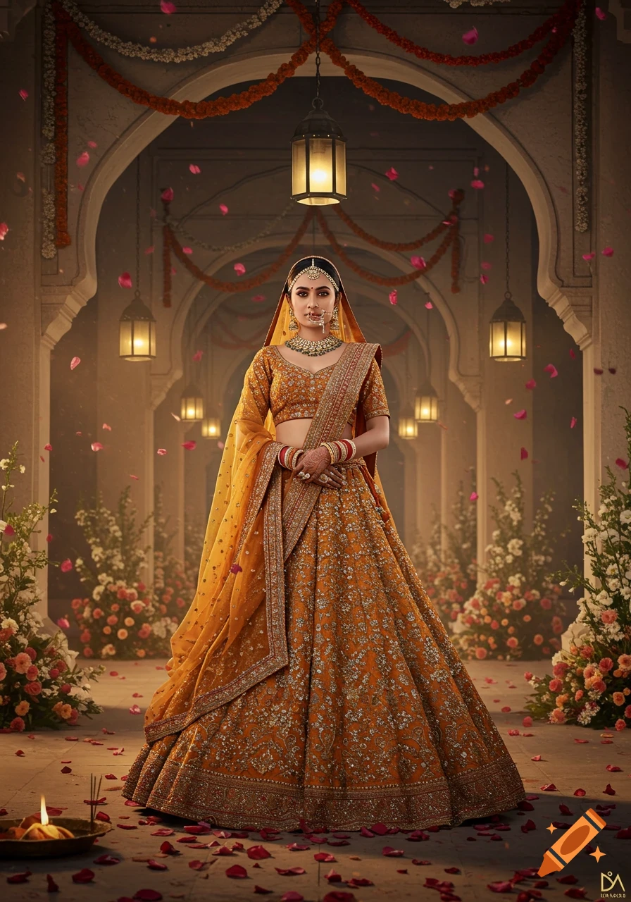 Photorealistic image of an Indian woman in an orange lehenga in an arched hall decorated with lanterns and flowers.