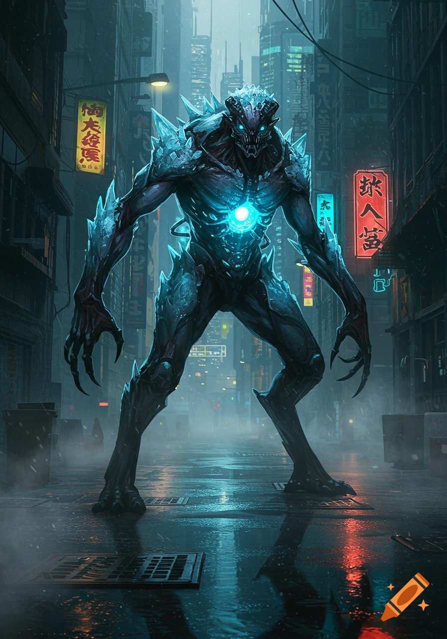 A large, glowing blue monster with spiky armor stands in a rainy, neon-lit cyberpunk city street.