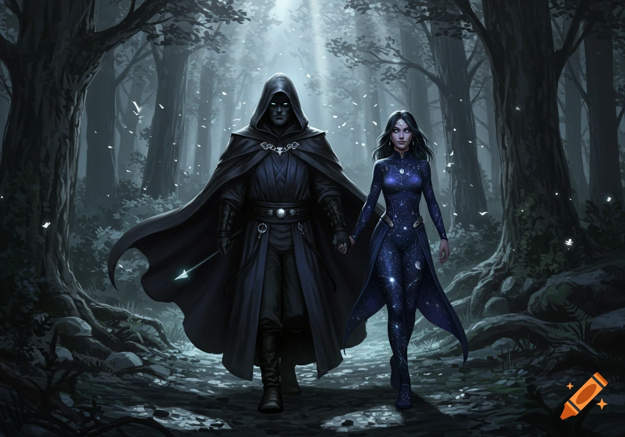 A hooded warlock and a woman in a starry blue outfit walk through a dark, misty forest at night, illuminated by a light source.