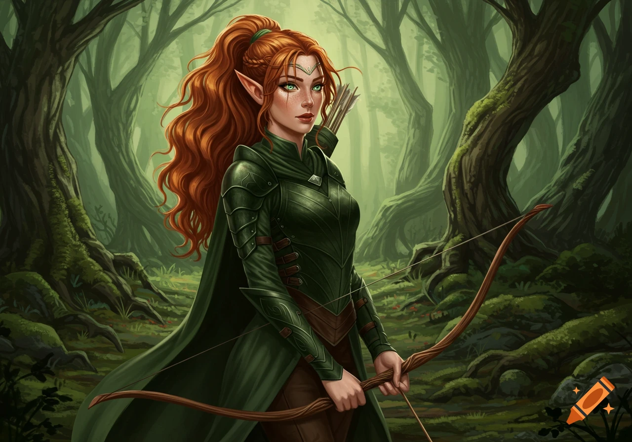 An elven woman with long auburn hair and green eyes stands in a forest, wearing green leather armor and holding a longbow.