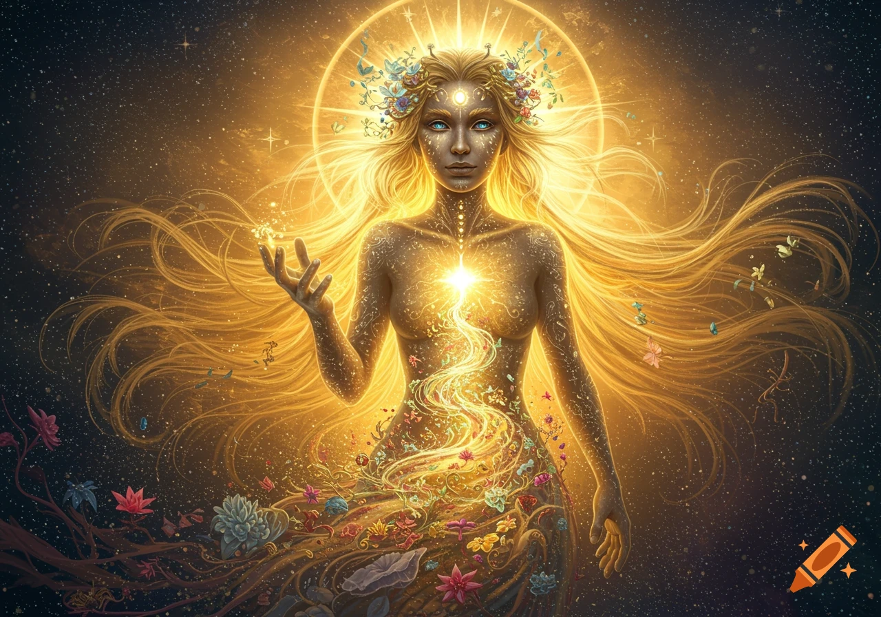 A glowing goddess-like figure with long golden hair and flowers, surrounded by celestial light and cosmic elements.