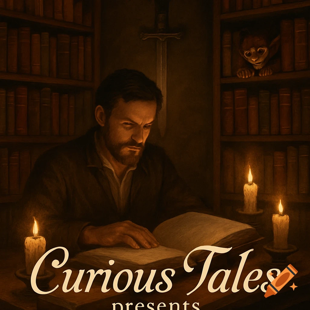 A man reads a book by candlelight in a dark library, with an imp peeking from a bookshelf and a sword on the wall. Text reads 'Curious Tales presents'.