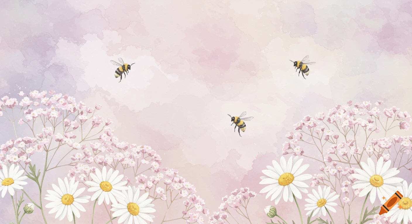 Watercolor illustration of white daisies and pink baby's breath flowers with bees hovering against a pastel background.