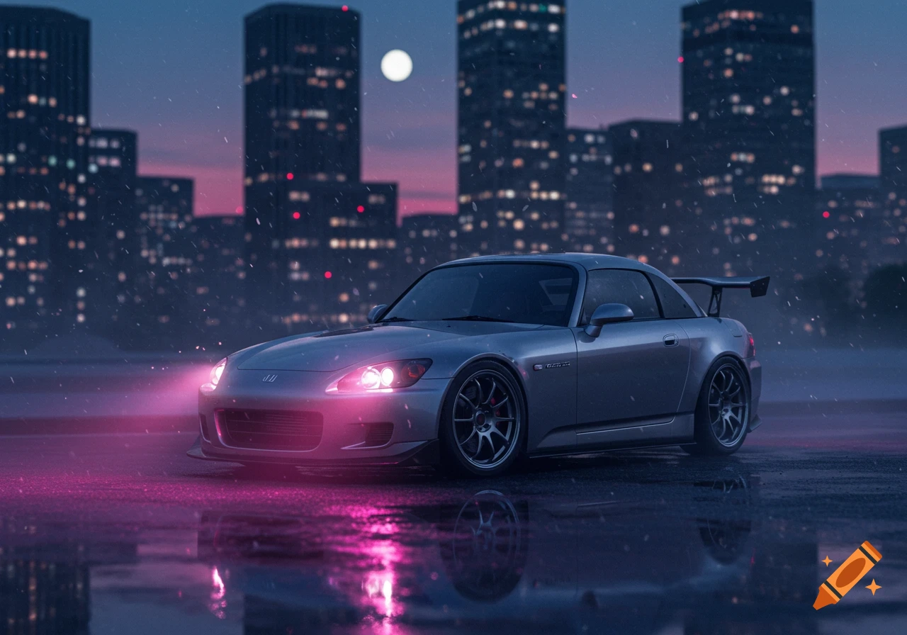 A silver Honda S2000 with pink underglow parked on a wet street at night, with city buildings and a moon in the background.
