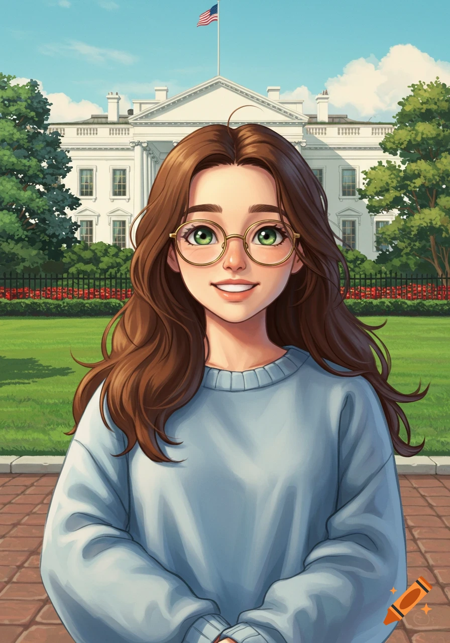 A smiling animated girl with long brown hair and glasses stands in front of the White House on a sunny day.