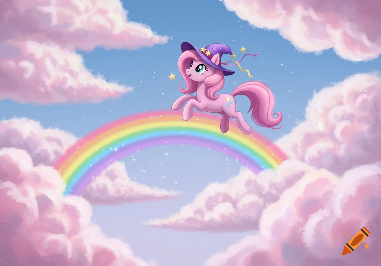 A whimsical cartoon pink pony with a purple wizard hat floats over a rainbow in a sky with fluffy pink clouds.