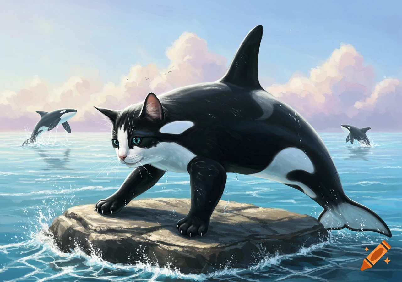 An orca-cat hybrid with green eyes stands on a rock in the ocean, with other orcas jumping in the background. Digital art.