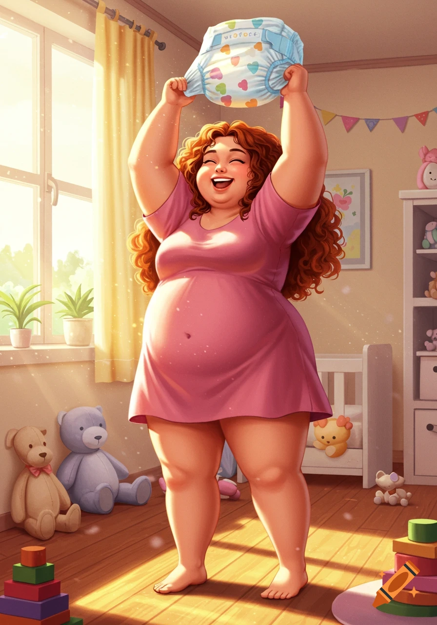 A happy, chubby woman in a pink dress holds a diaper high in a sunny nursery filled with toys. Digital illustration.