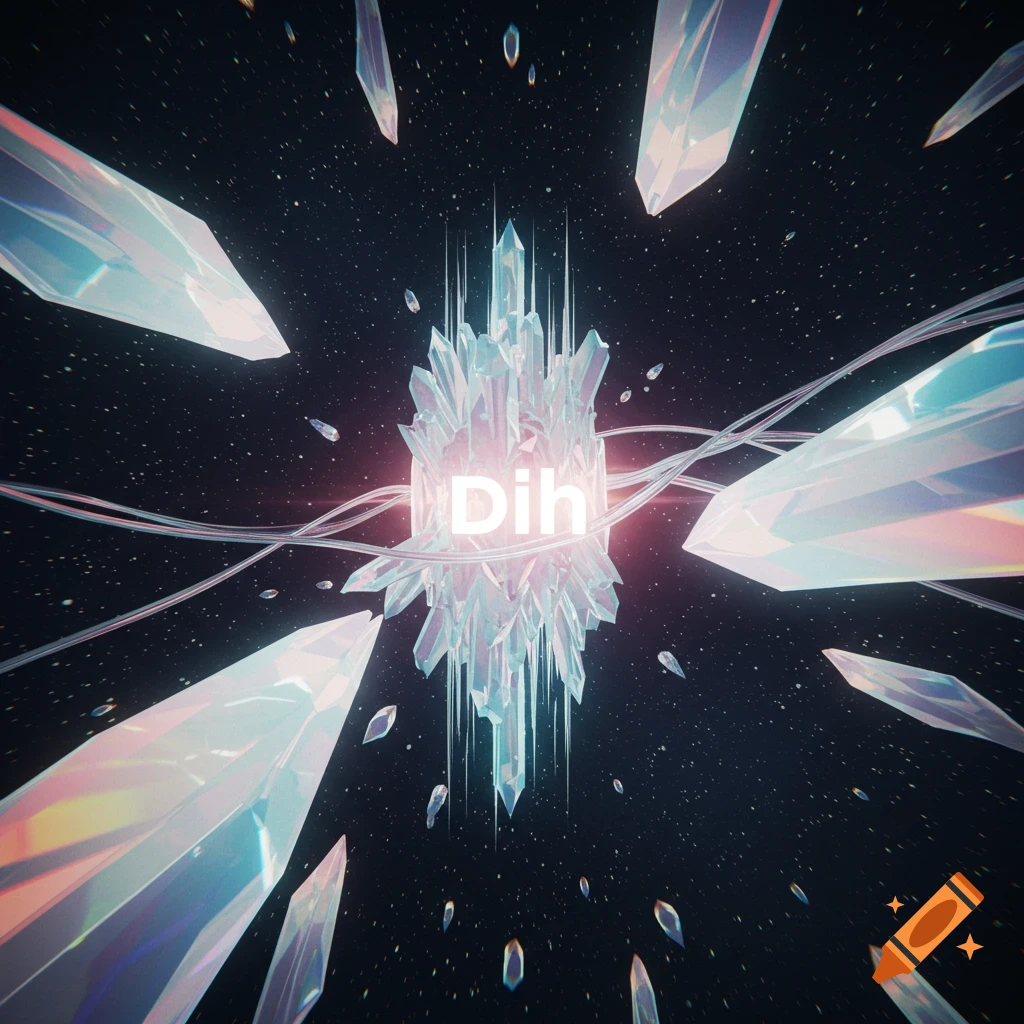 A large cluster of glowing, translucent crystals with the word 'Dih' in the center, floating in a starry cosmic background surrounded by smaller crystal shards.