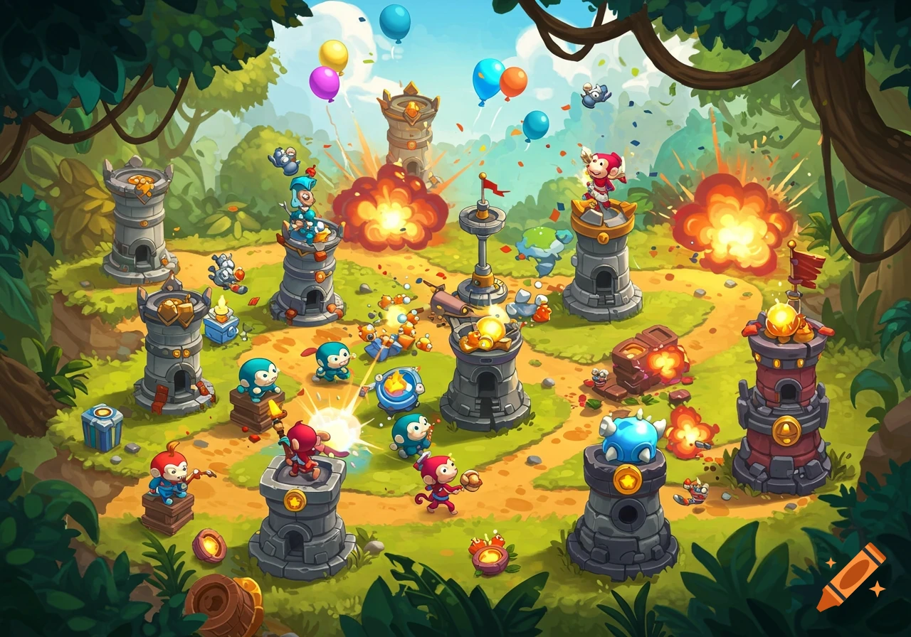 Cartoon tower defense game scene with monkey characters, stone towers, explosions, and balloons in a jungle setting.