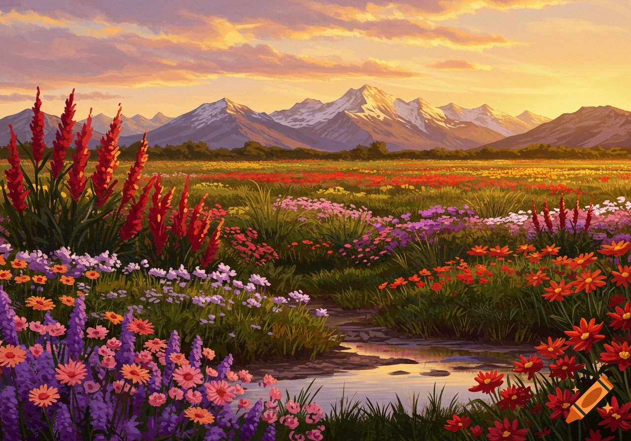 A vibrant painting of a flower-filled meadow with red, purple, and orange blooms, a small stream, and snow-capped mountains under a sunset sky.