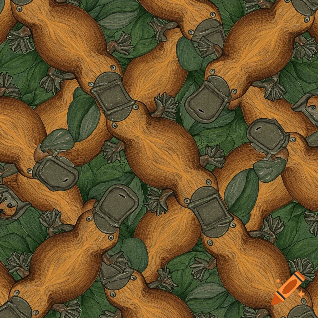 MC Escher style graphic of brown platypuses and green leaves forming a seamless, interlocking tessellation pattern.