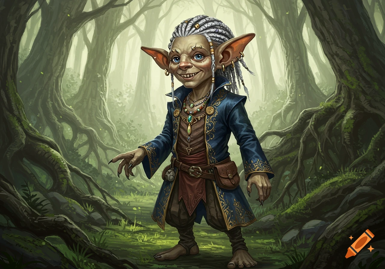 A detailed fantasy art depiction of a grinning goblin-like creature with gray skin, braided white hair, and an ornate blue coat standing in a mystical forest.