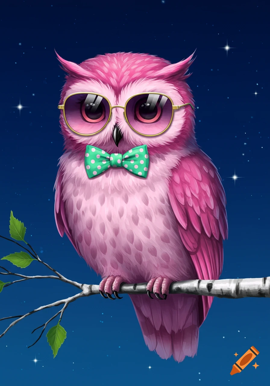 A cute pink owl with pink sunglasses and a green polka dot bowtie sits on a tree branch under a starry night sky.