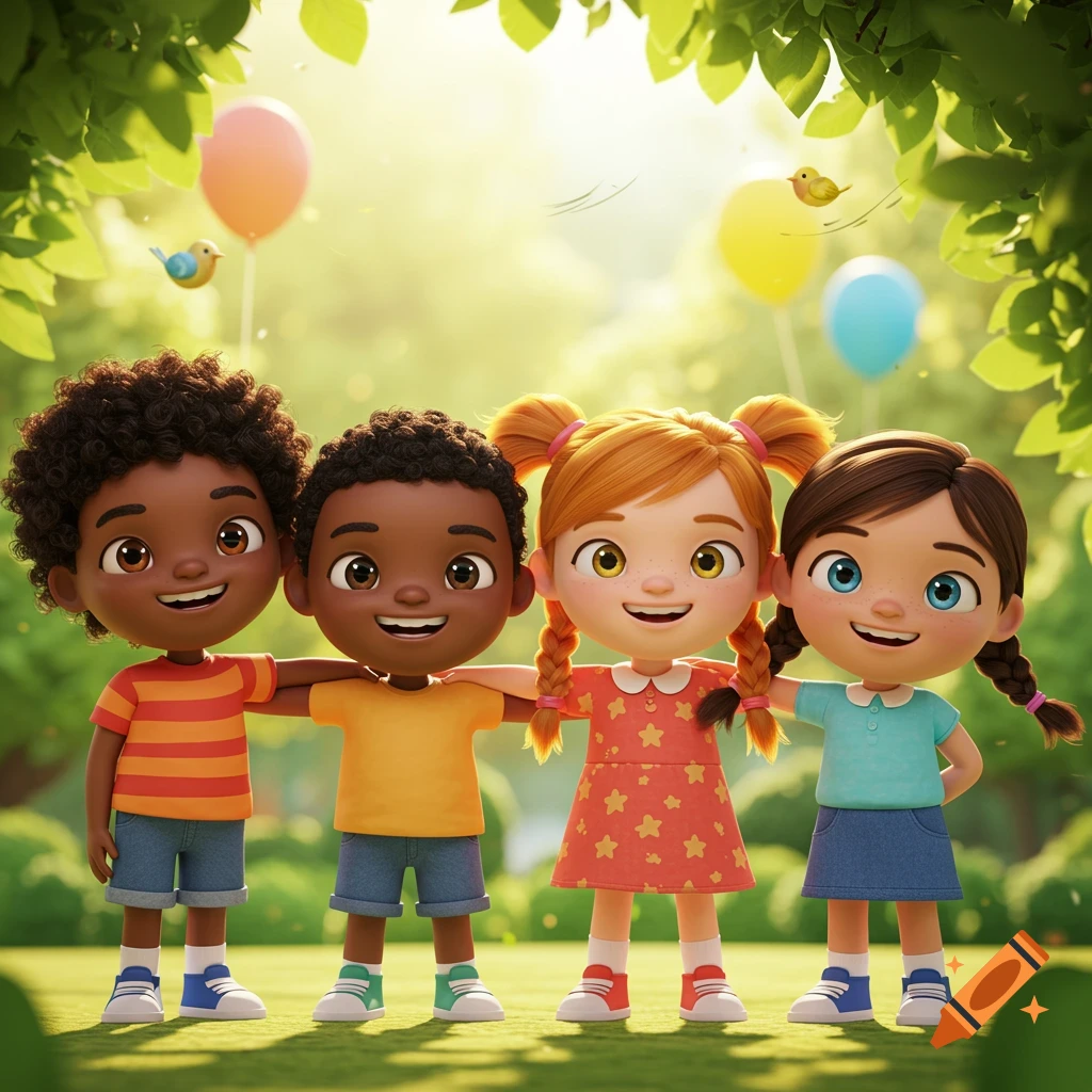 Four smiling cartoon children of diverse ethnicities standing arm-in-arm in a sunny park with balloons and birds.