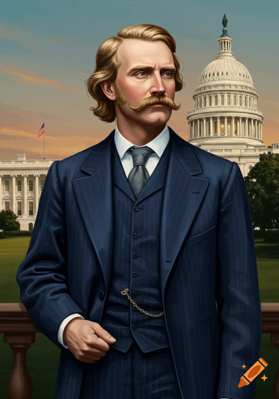 Illustrative portrait of a man with a large mustache in a blue suit, with the White House and US Capitol in the background.