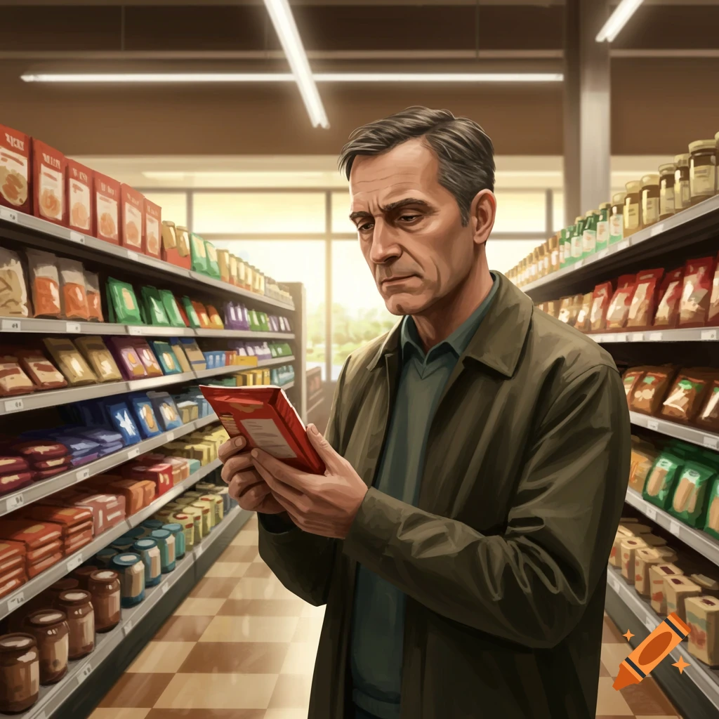 A man in a supermarket aisle is intently examining a red food package.