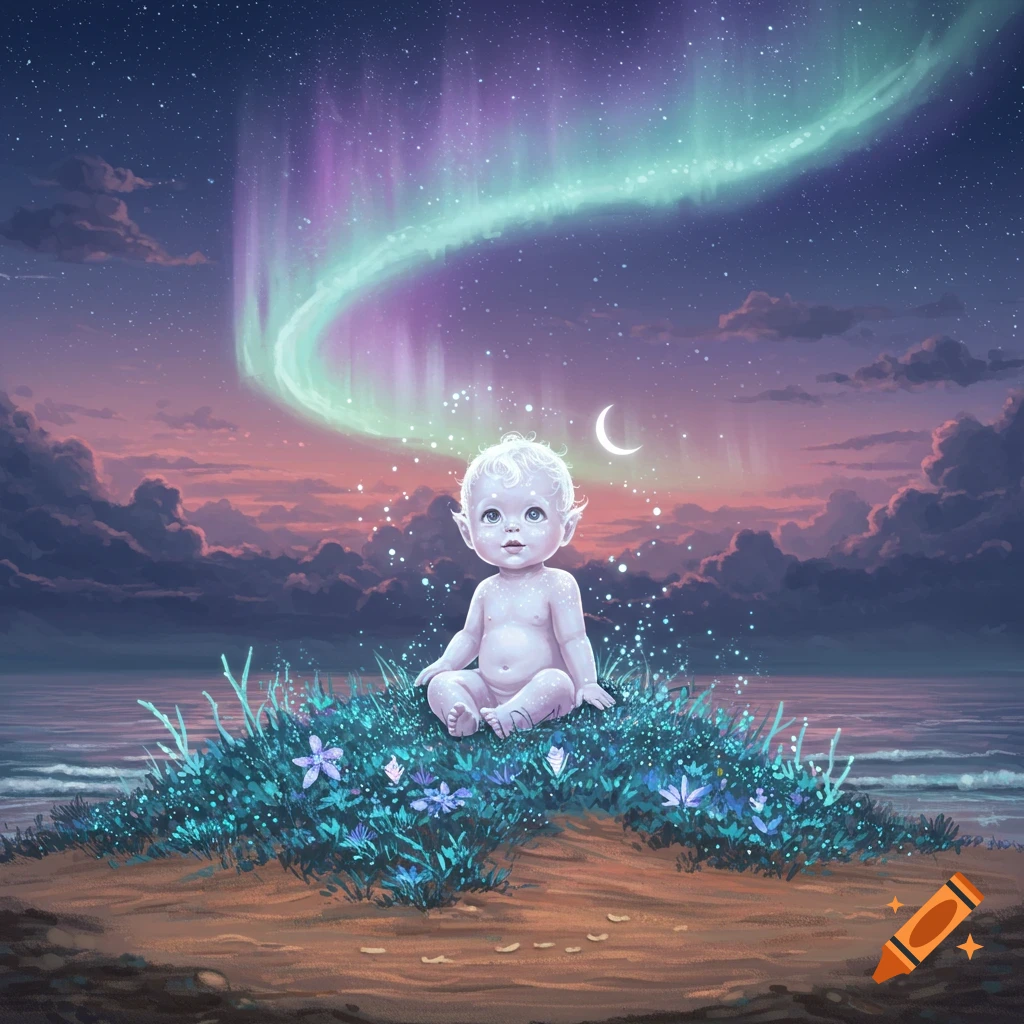A cute, elf-like baby sits on a grassy mound by the water under a night sky with a crescent moon and vibrant aurora borealis.