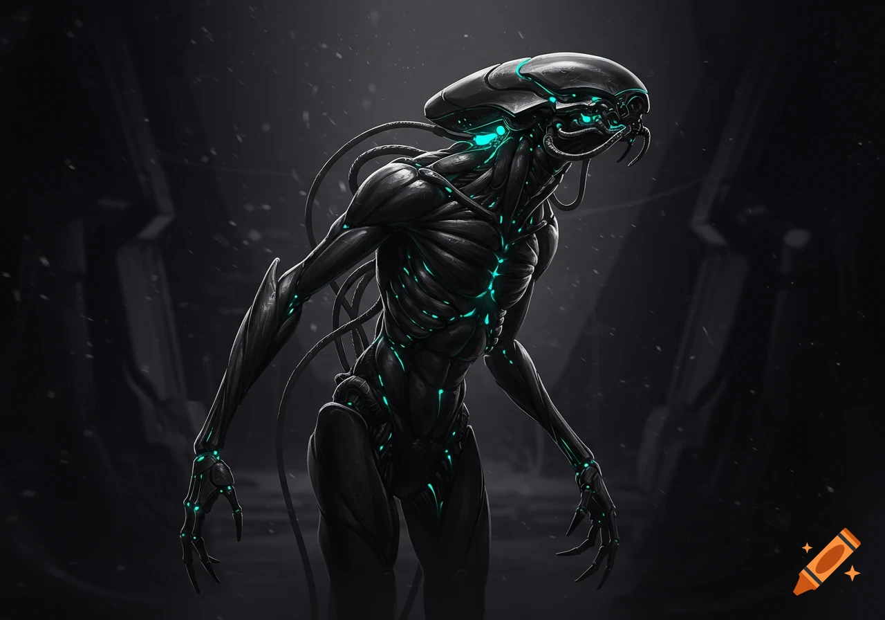 A dark, sleek biomechanical alien creature with glowing turquoise lights and wires, standing in a dim, ominous futuristic environment.