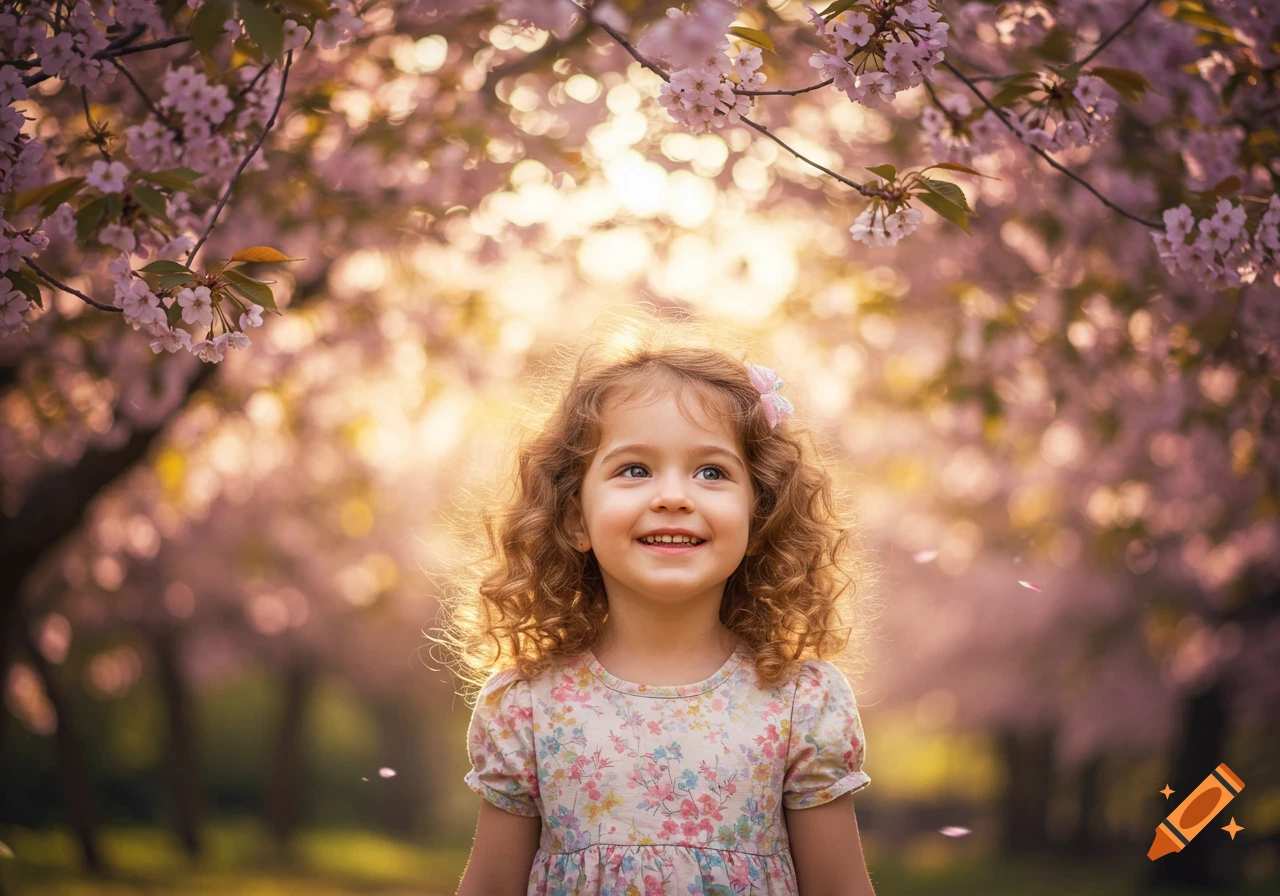 A smiling young girl with curly hair looks up under blooming cherry blossom trees.