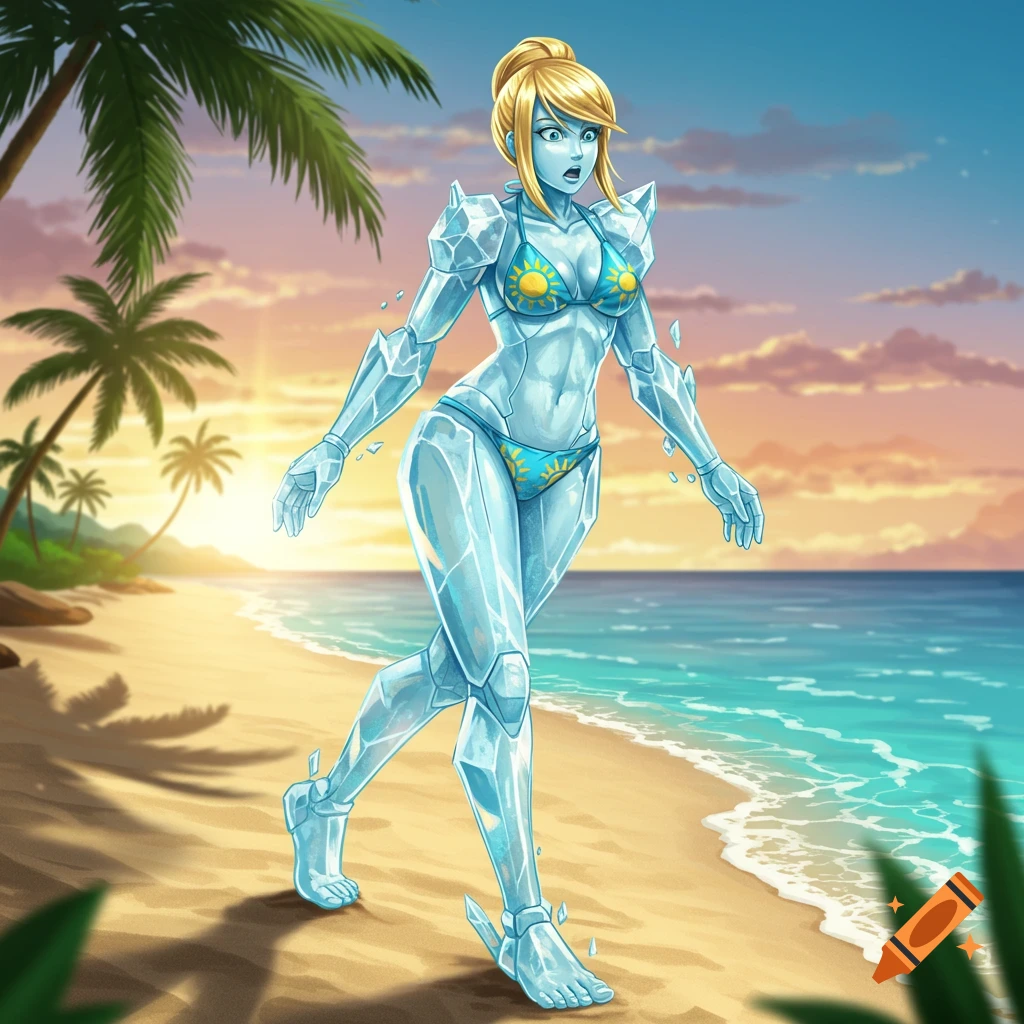 Surprised Zero Suit Samus as an ice statue in a bikini on a tropical beach at sunset, anime style.