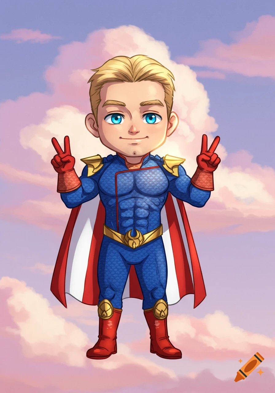 Chibi Homelander in superhero suit, making peace signs, against a pink and purple cloudy sky.