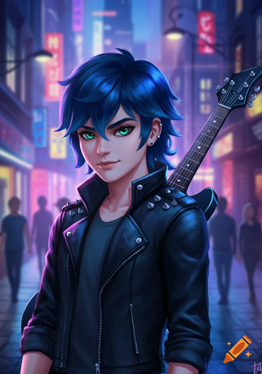 An anime male character with blue hair and green eyes, wearing a black leather jacket with studs, carrying a guitar on his back, stands on a neon-lit city street.