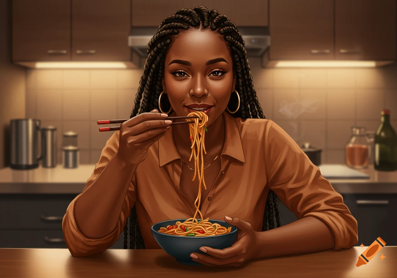 A smiling Black woman with braided hair eats noodles with chopsticks from a bowl in a kitchen, stylized illustration.