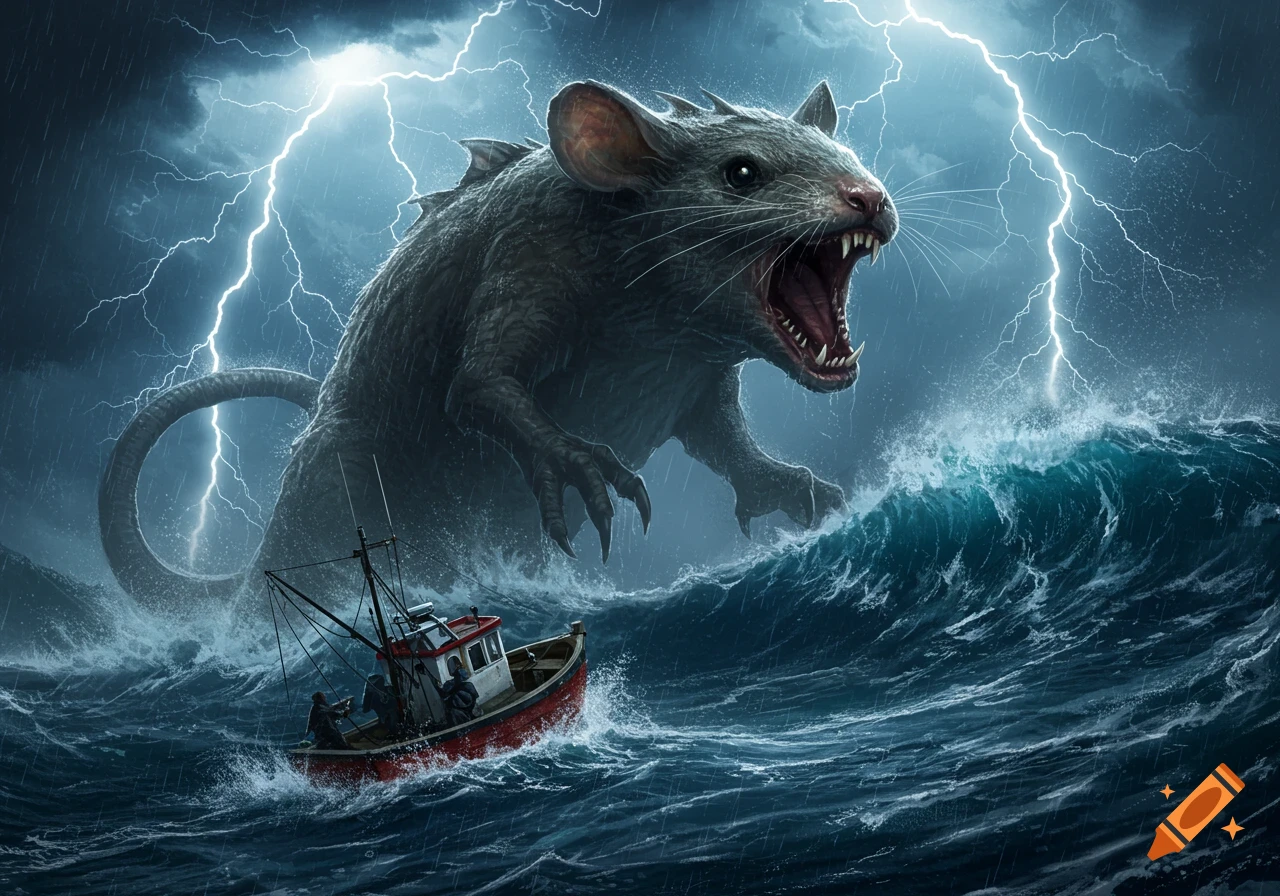 A giant rat-like sea monster with fangs and claws looms over a small fishing boat amidst a stormy ocean with lightning.