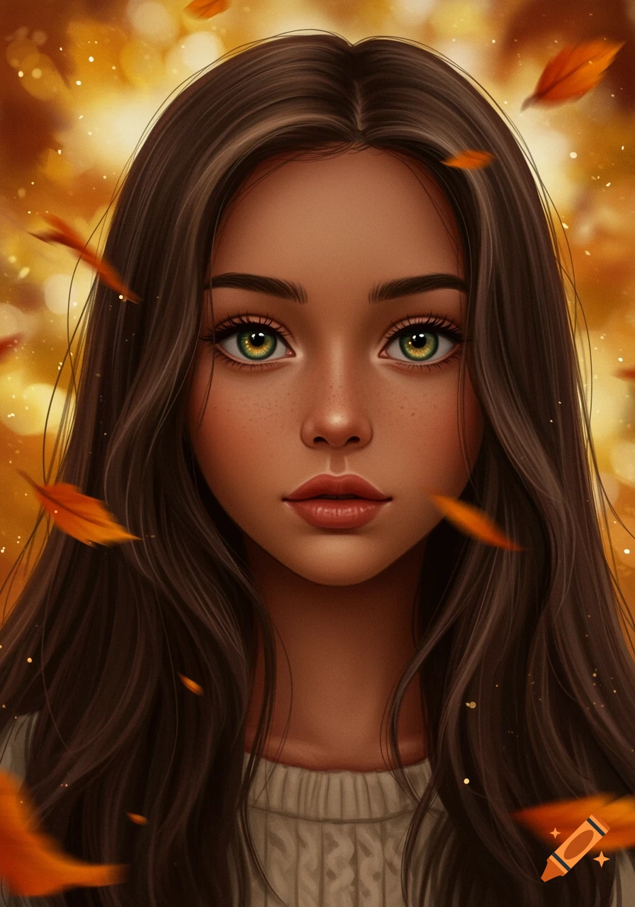 Stylized digital art portrait of a young woman with dark brown hair, green eyes, and freckles, against a warm autumn background with falling leaves.