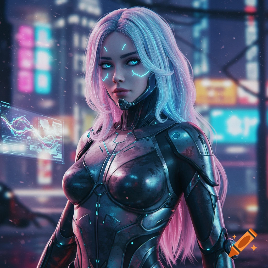 A futuristic cybernetic woman with glowing blue eyes and lines on her face wears dark armored clothing in a neon-lit cyberpunk city.