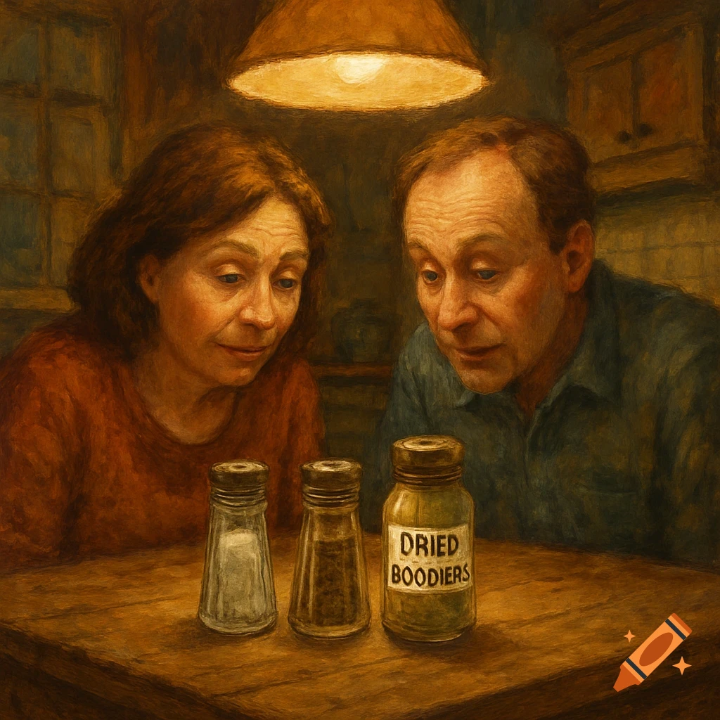Oil painting of a man and woman looking puzzled at three shakers on a kitchen table, one labeled "DRIED BOODIERS."