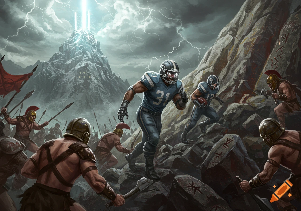 Football players run through a stormy, rocky mountain, battling ancient warriors with spears under lightning-struck peaks.