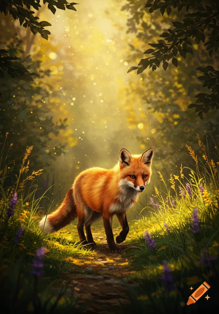 A vibrant digital painting of a red fox walking on a sunlit path through an enchanted forest with glowing particles.