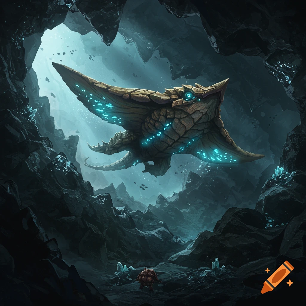 A large, scaled, glowing stingray-like creature glides through a dark, mystical cave with luminescent crystals.