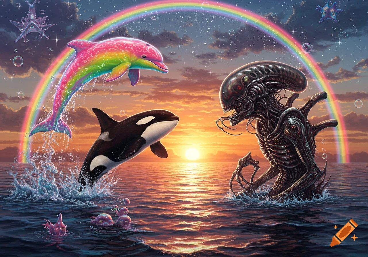 Rainbow dolphin and orca jump from sunset ocean next to an HR Giger-style alien with a rainbow overhead.